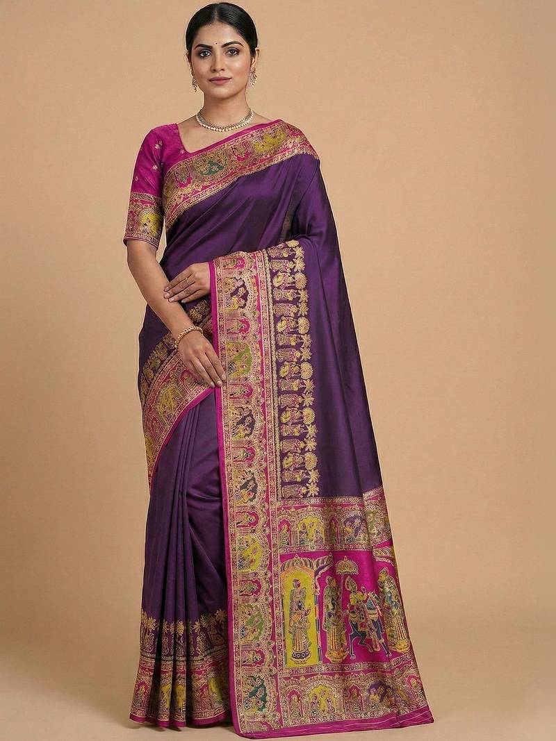 purple ethnic motifs zari pashmina handloom saree