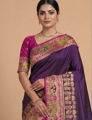 purple ethnic motifs zari pashmina handloom saree 2