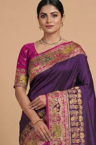 purple ethnic motifs zari pashmina handloom saree