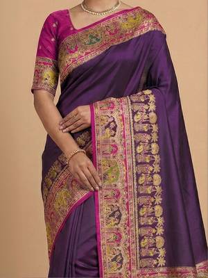 purple ethnic motifs zari pashmina handloom saree 3