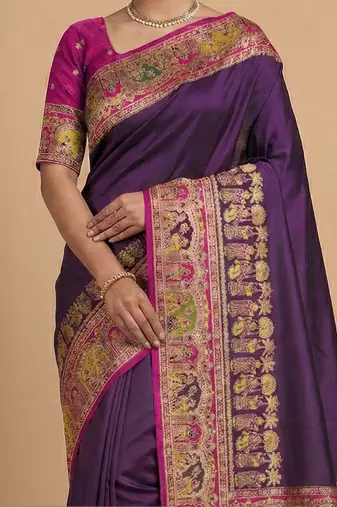 purple ethnic motifs zari pashmina handloom saree