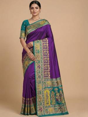 Peach peach-coloured & blue woven design silk blend banarasi saree 1