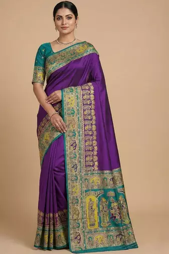 Peach peach-coloured & blue woven design silk blend banarasi saree