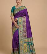 Peach peach-coloured & blue woven design silk blend banarasi saree