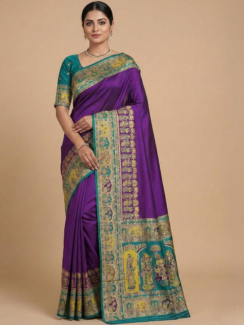 Peach peach-coloured & blue woven design silk blend banarasi saree