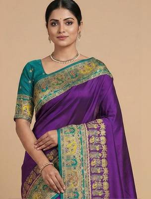 Peach peach-coloured & blue woven design silk blend banarasi saree 2