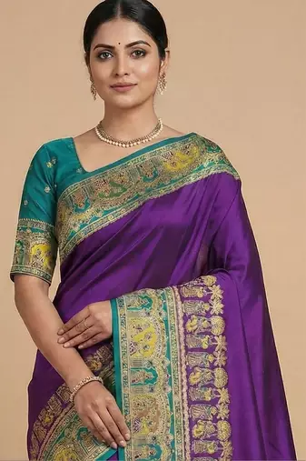 Peach peach-coloured & blue woven design silk blend banarasi saree