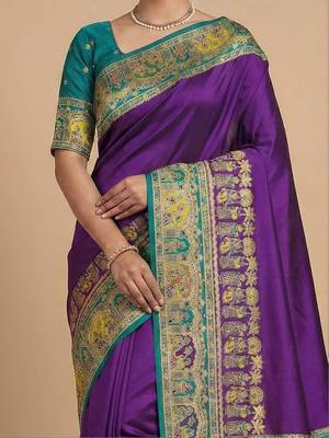 Peach peach-coloured & blue woven design silk blend banarasi saree 3
