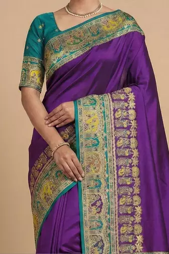 Peach peach-coloured & blue woven design silk blend banarasi saree