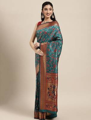 green green floral zari silk blend paithani saree 1