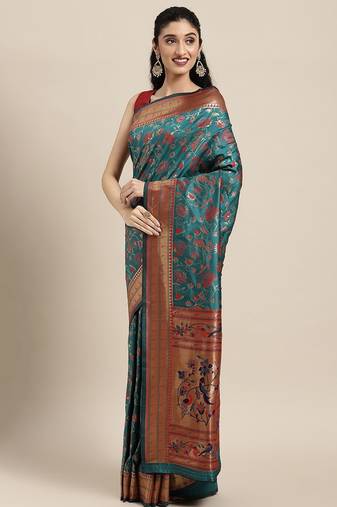 green green floral zari silk blend paithani saree