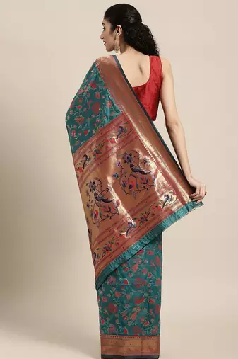 green green floral zari silk blend paithani saree