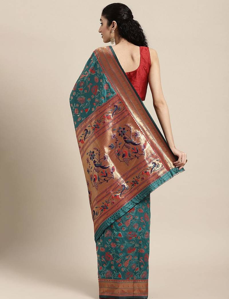 green green floral zari silk blend paithani saree