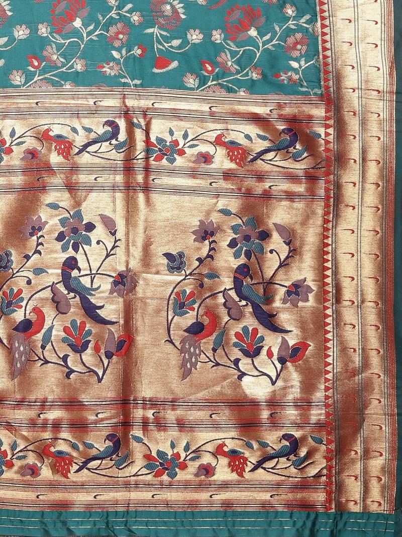 green green floral zari silk blend paithani saree