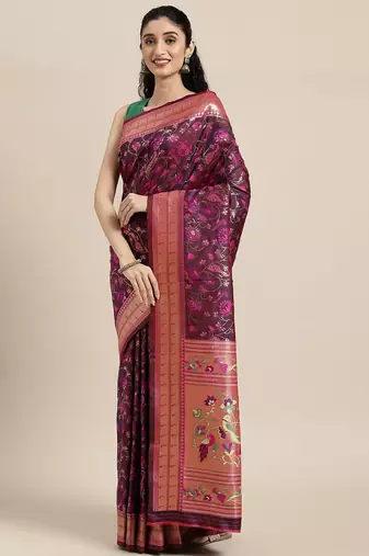 Cream cream-coloured & red floral silk blend saree