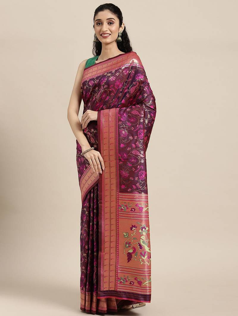 Cream cream-coloured & red floral silk blend saree
