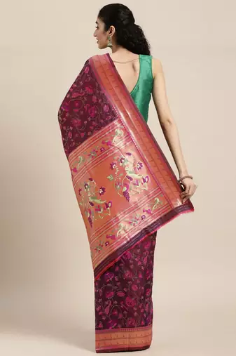Cream cream-coloured & red floral silk blend saree