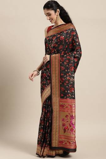 Navy blue navy blue & pink floral zari silk blend banarasi saree