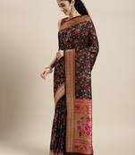 Navy blue navy blue & pink floral zari silk blend banarasi saree