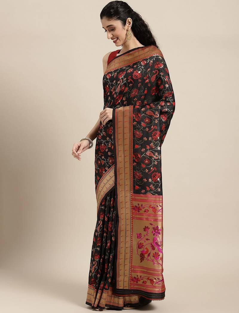 Navy blue navy blue & pink floral zari silk blend banarasi saree