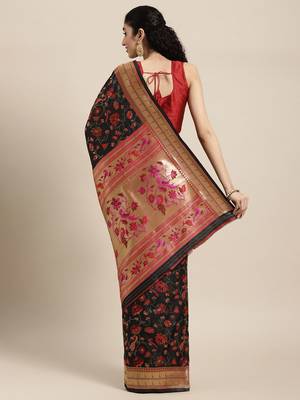 Navy blue navy blue & pink floral zari silk blend banarasi saree 2