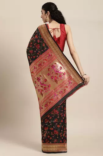 Navy blue navy blue & pink floral zari silk blend banarasi saree