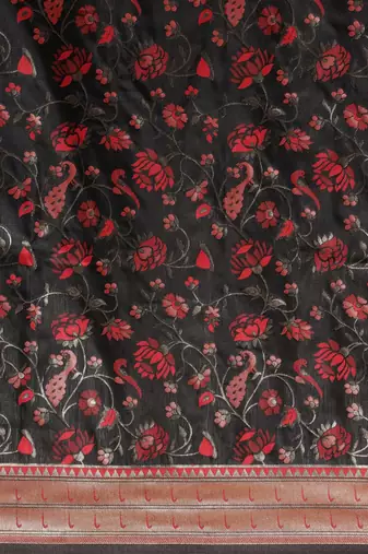 Navy blue navy blue & pink floral zari silk blend banarasi saree