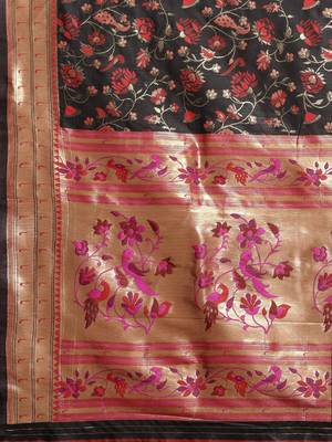 Navy blue navy blue & pink floral zari silk blend banarasi saree 4