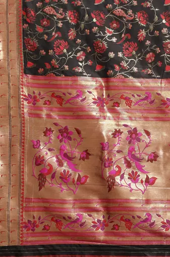 Navy blue navy blue & pink floral zari silk blend banarasi saree