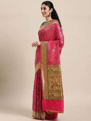 pink pink floral zari silk blend paithani saree 1