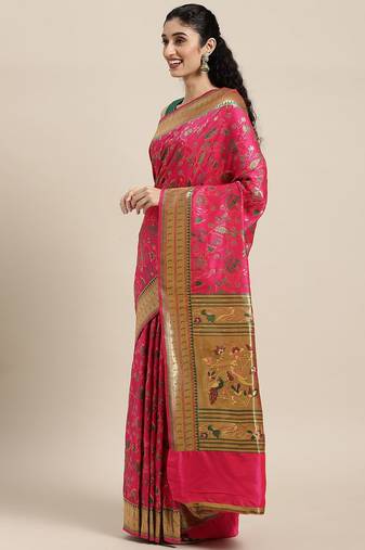 pink pink floral zari silk blend paithani saree
