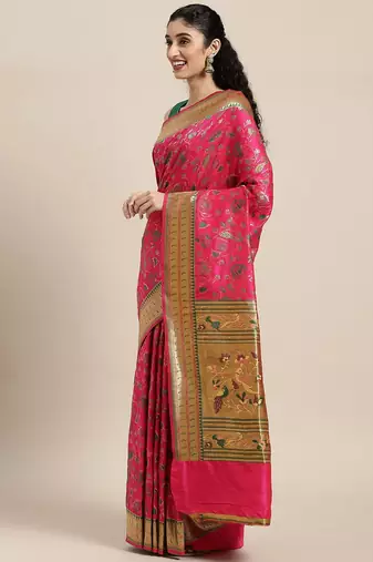 pink pink floral zari silk blend paithani saree