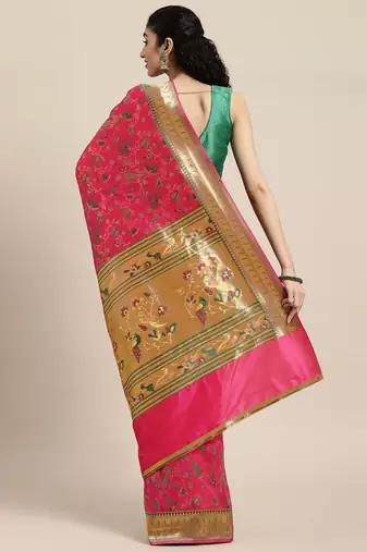 pink pink floral zari silk blend paithani saree