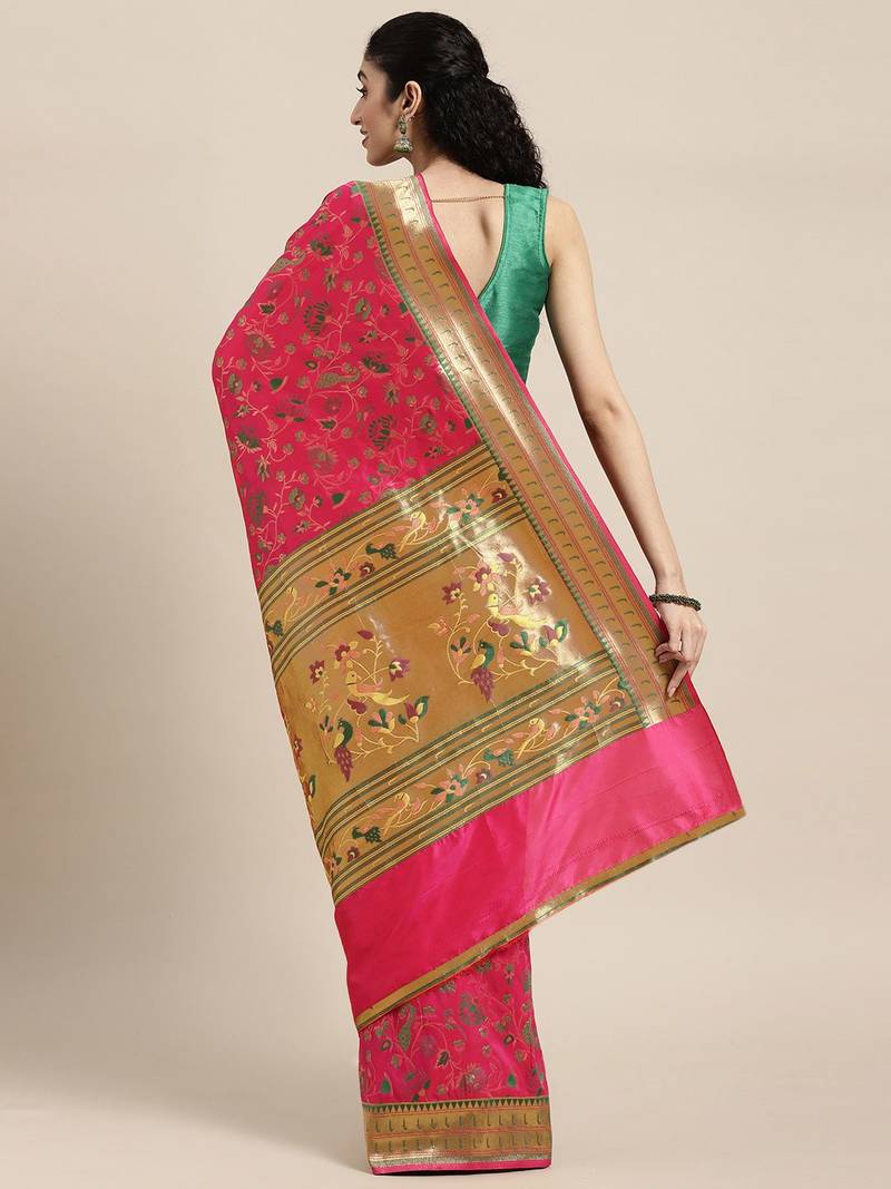 pink pink floral zari silk blend paithani saree