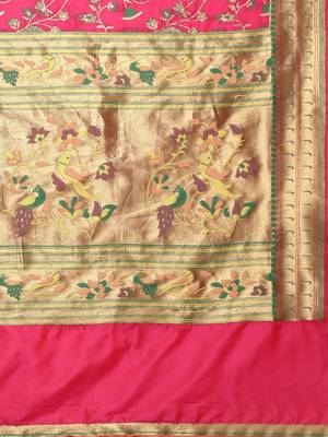 pink pink floral zari silk blend paithani saree 4