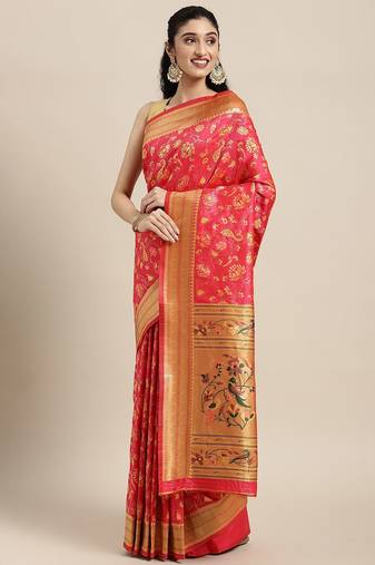 Pink pink & green floral satin banarasi saree