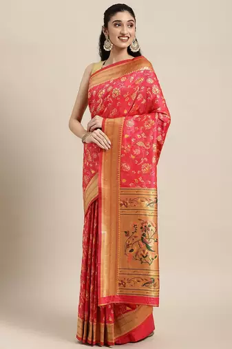 Pink pink & green floral satin banarasi saree