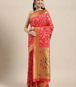 Pink pink & green floral satin banarasi saree