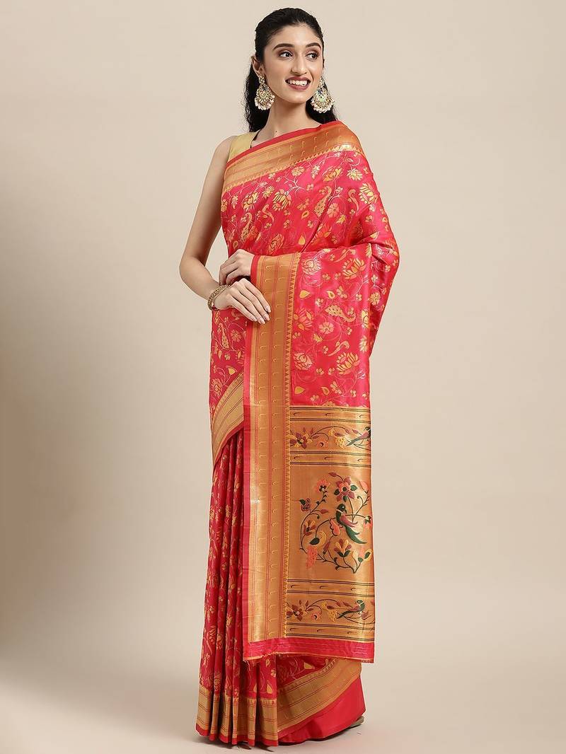 Pink pink & green floral satin banarasi saree