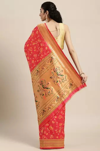 Pink pink & green floral satin banarasi saree