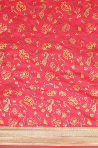 Pink pink & green floral satin banarasi saree