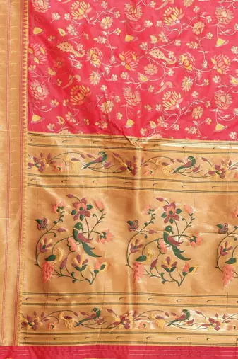 Pink pink & green floral satin banarasi saree