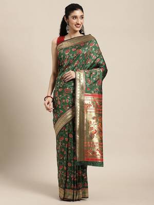 green green floral zari silk blend paithani saree 1
