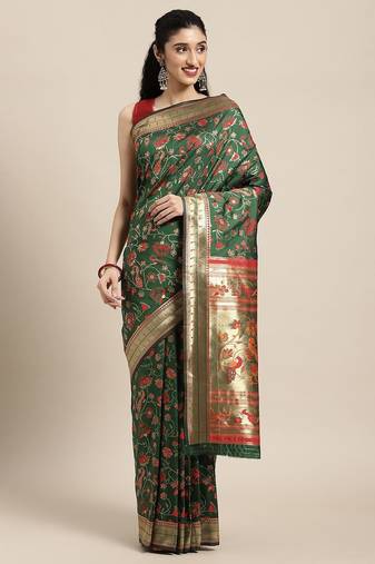 green green floral zari silk blend paithani saree