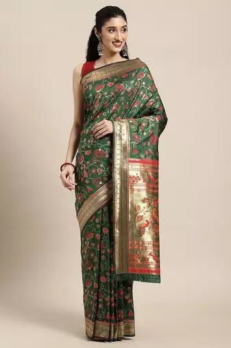 green green floral zari silk blend paithani saree