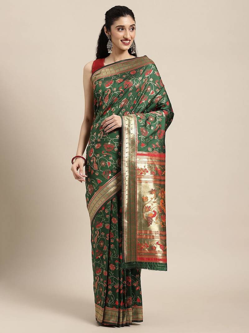 green green floral zari silk blend paithani saree