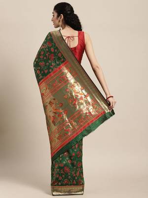 green green floral zari silk blend paithani saree 2