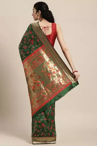 green green floral zari silk blend paithani saree