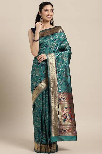 green green floral zari silk blend paithani saree
