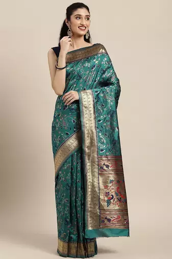 green green floral zari silk blend paithani saree